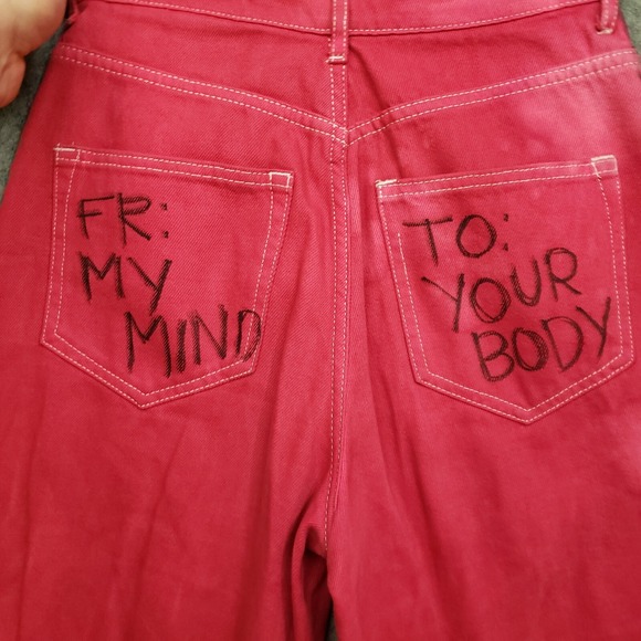 H&M Jeans Womens 2 Red Black Straight Baggy Wide Leg Smiley Face Ladies Y2K - Picture 9 of 12